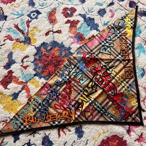 BURBERRY Graffiti Print Check Silk Scarf